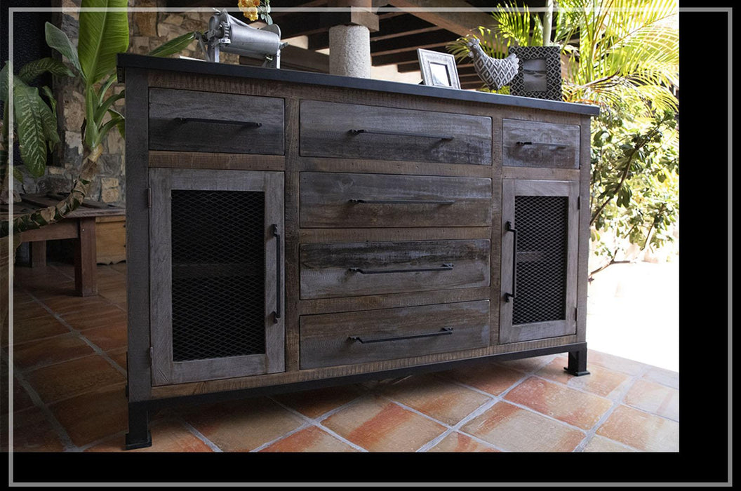 Antique Gray 6 Drawers Buffet in Gray/Brown